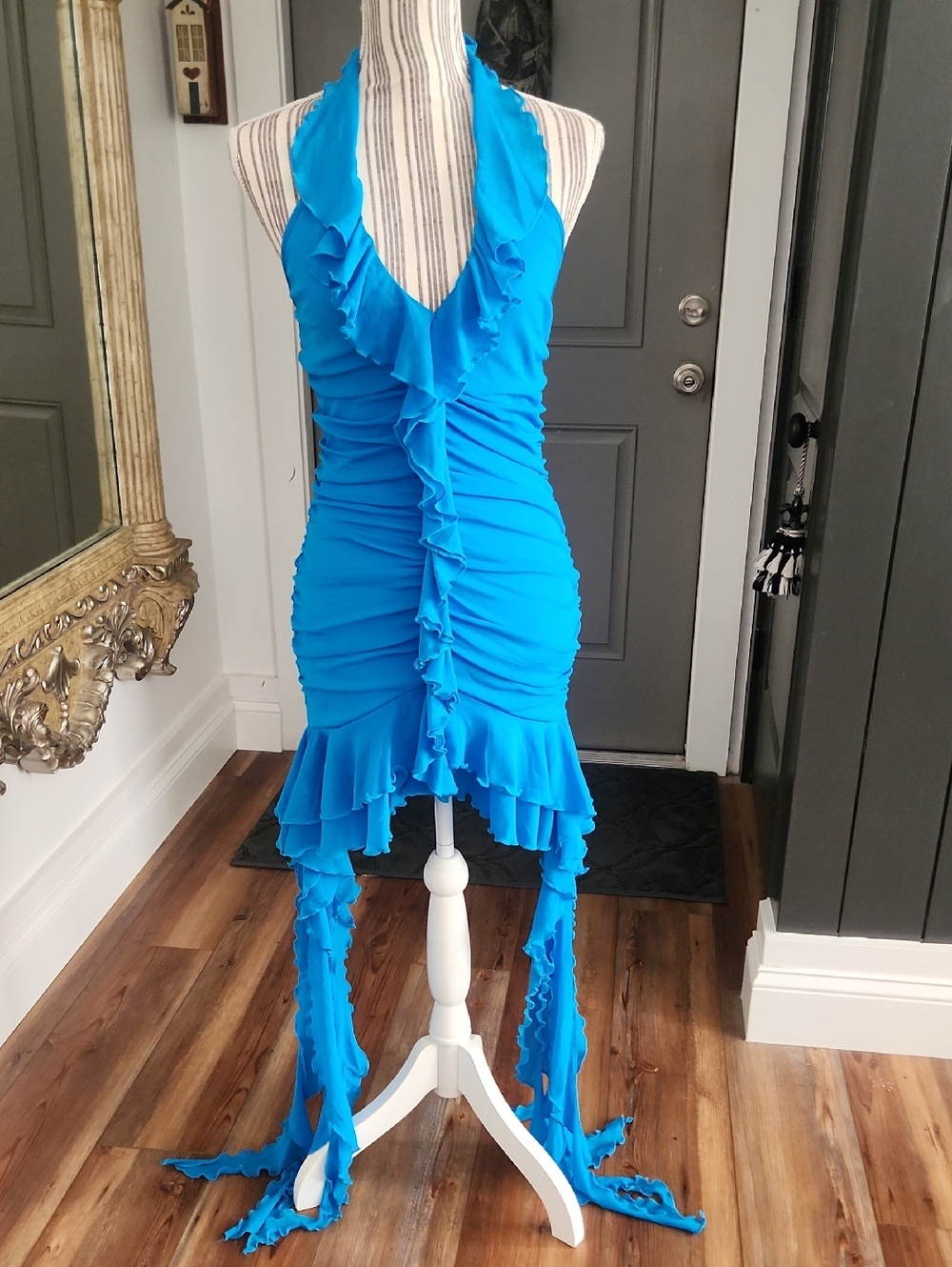 Bright Blue Ruffled Ruched  Halter Mini Dress